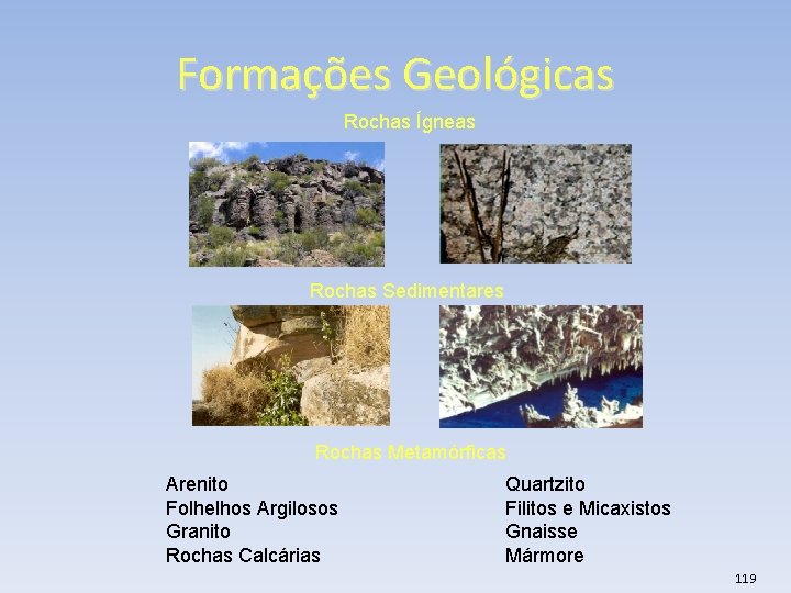 Formações Geológicas Rochas Ígneas Rochas Sedimentares Rochas Metamórficas Arenito Folhelhos Argilosos Granito Rochas Calcárias