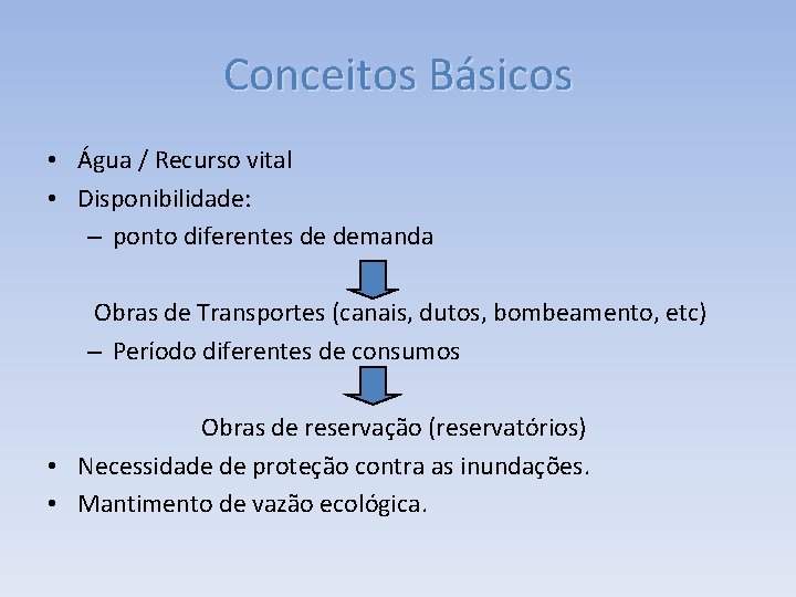 Conceitos Básicos • Água / Recurso vital • Disponibilidade: – ponto diferentes de demanda
