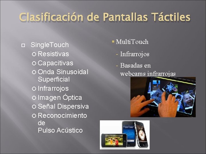 Clasificación de Pantallas Táctiles Single. Touch Resistivas Capacitivas Onda Sinusoidal Superficial Infrarrojos Imagen Óptica