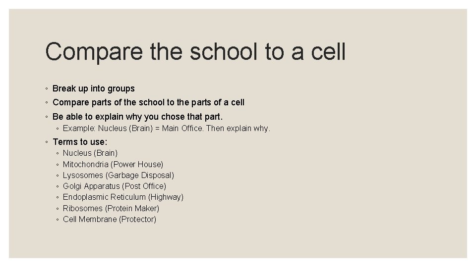 Compare the school to a cell ◦ Break up into groups ◦ Compare parts