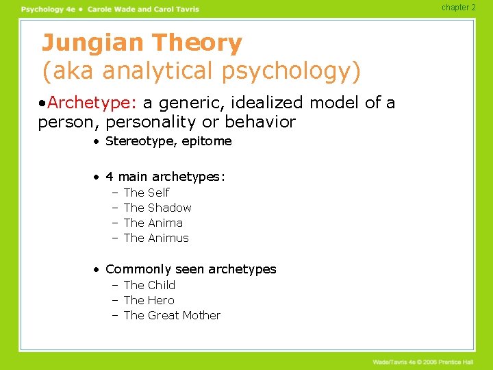 chapter 2 Jungian Theory (aka analytical psychology) • Archetype: a generic, idealized model of