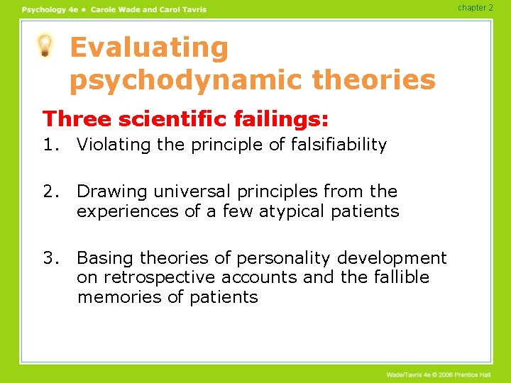 chapter 2 Evaluating psychodynamic theories Three scientific failings: 1. Violating the principle of falsifiability
