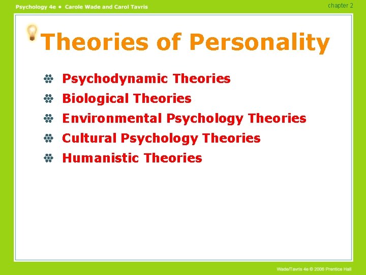 chapter 2 Theories of Personality Psychodynamic Theories Biological Theories Environmental Psychology Theories Cultural Psychology