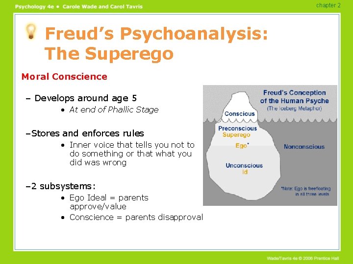 chapter 2 Freud’s Psychoanalysis: The Superego Moral Conscience – Develops around age 5 •