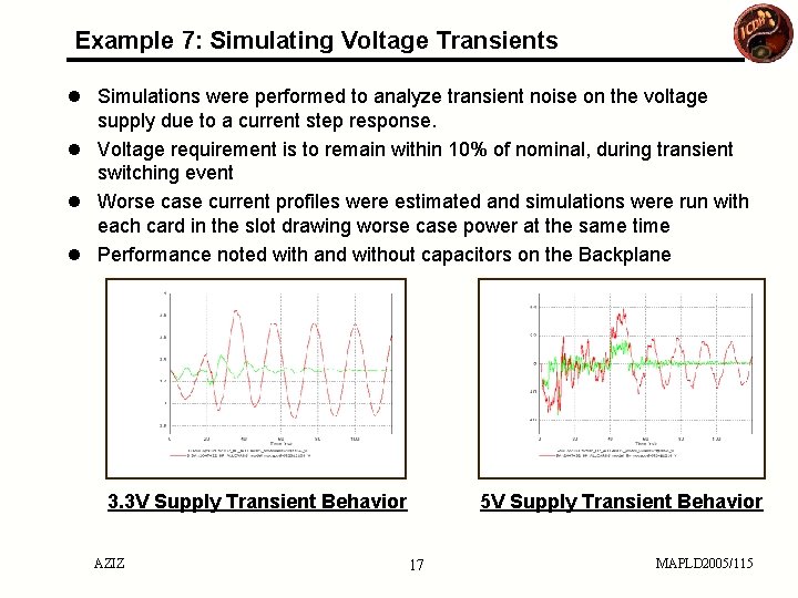 Example 7: Simulating Voltage Transients l Simulations were performed to analyze transient noise on