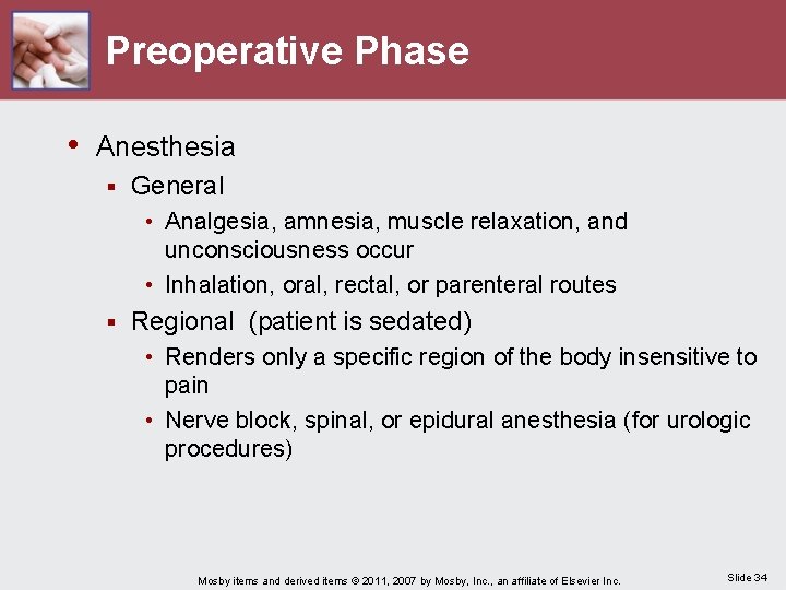 Preoperative Phase • Anesthesia § General • Analgesia, amnesia, muscle relaxation, and unconsciousness occur