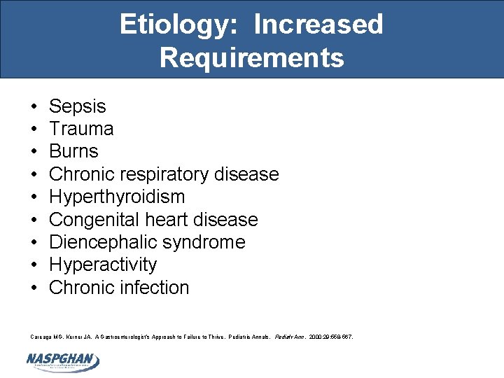 Etiology: Increased Requirements • • • Sepsis Trauma Burns Chronic respiratory disease Hyperthyroidism Congenital