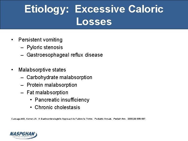 Etiology: Excessive Caloric Losses • Persistent vomiting – Pyloric stenosis – Gastroesophageal reflux disease