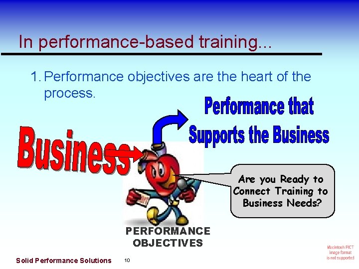 In performance-based training. . . 1. Performance objectives are the heart of the process.