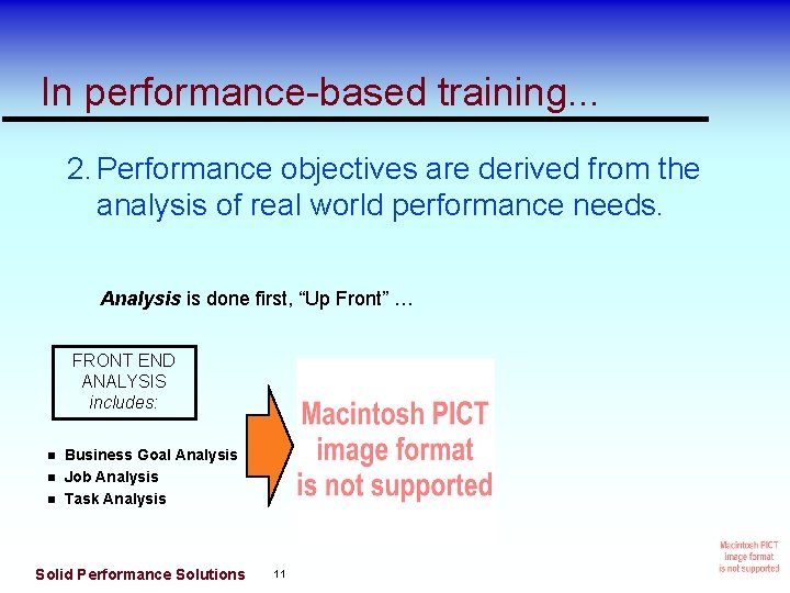 In performance-based training. . . 2. Performance objectives are derived from the analysis of