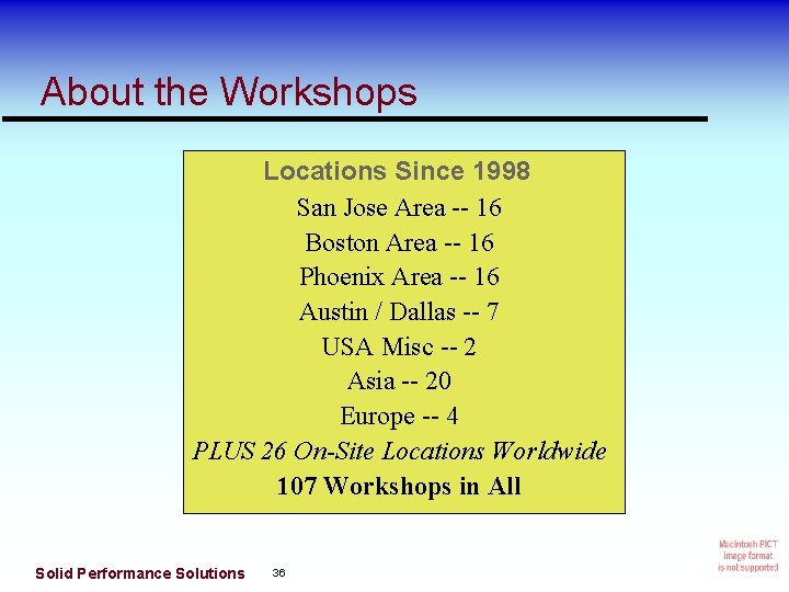 About the Workshops Locations Since 1998 San Jose Area -- 16 Boston Area --