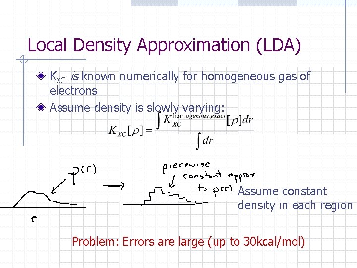 Local Density Approximation (LDA) KXC is known numerically for homogeneous gas of electrons Assume