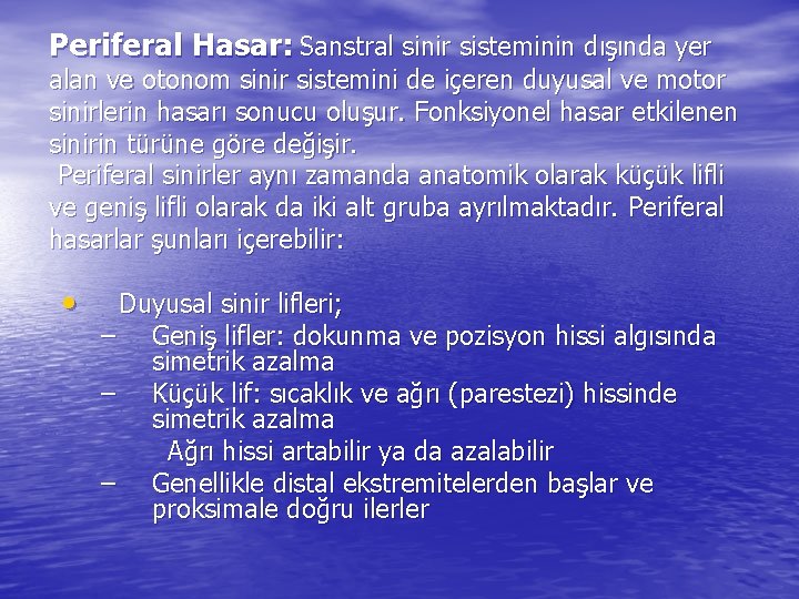 Periferal Hasar: Sanstral sinir sisteminin dışında yer alan ve otonom sinir sistemini de içeren