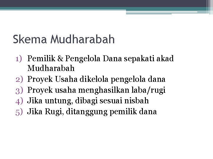 Skema Mudharabah 1) Pemilik & Pengelola Dana sepakati akad Mudharabah 2) Proyek Usaha dikelola