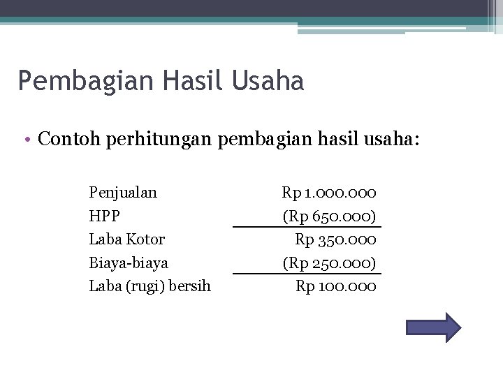 Pembagian Hasil Usaha • Contoh perhitungan pembagian hasil usaha: Penjualan Rp 1. 000 HPP