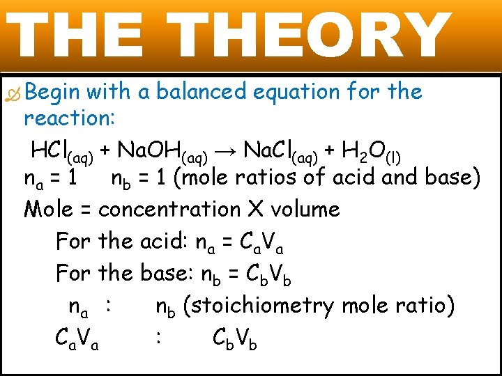 THE THEORY Begin with a balanced equation for the reaction: HCl(aq) + Na. OH(aq)