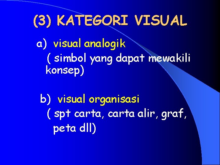 (3) KATEGORI VISUAL a) visual analogik ( simbol yang dapat mewakili konsep) b) visual