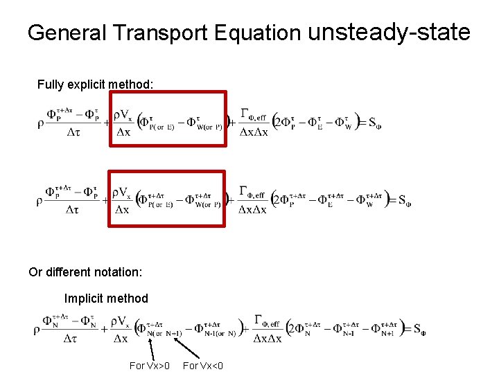 General Transport Equation unsteady-state Fully explicit method: Or different notation: Implicit method For Vx>0
