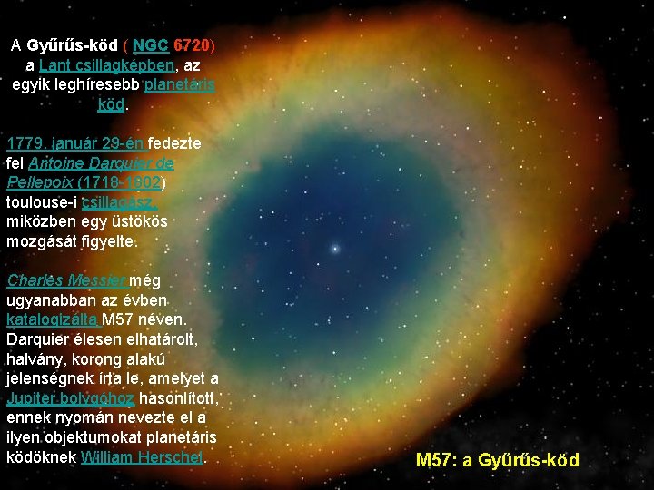A Gyűrűs-köd ( NGC 6720) a Lant csillagképben, az egyik leghíresebb planetáris köd. 1779.