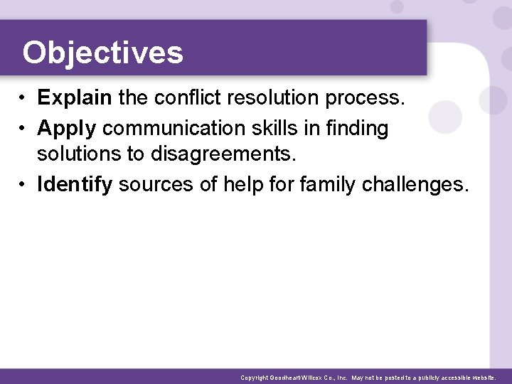 Objectives • Explain the conflict resolution process. • Apply communication skills in finding solutions