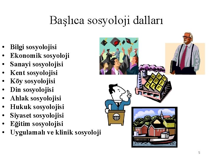 Başlıca sosyoloji dalları • • • Bilgi sosyolojisi Ekonomik sosyoloji Sanayi sosyolojisi Kent sosyolojisi