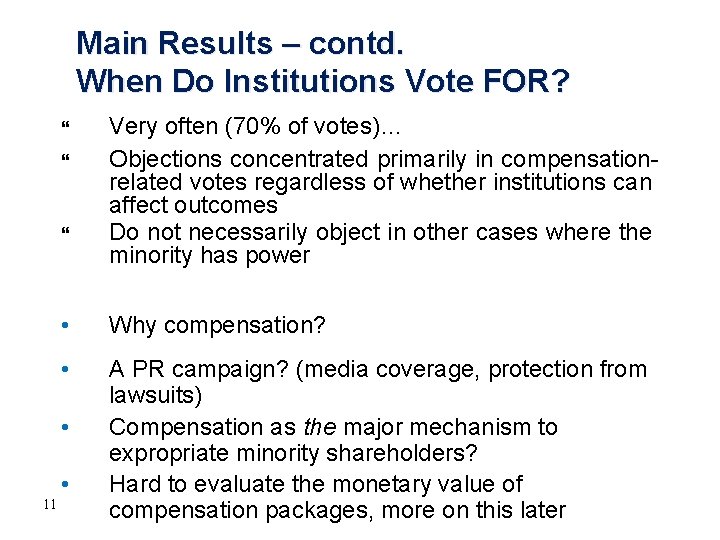 Main Results – contd. When Do Institutions Vote FOR? • Why compensation? • A