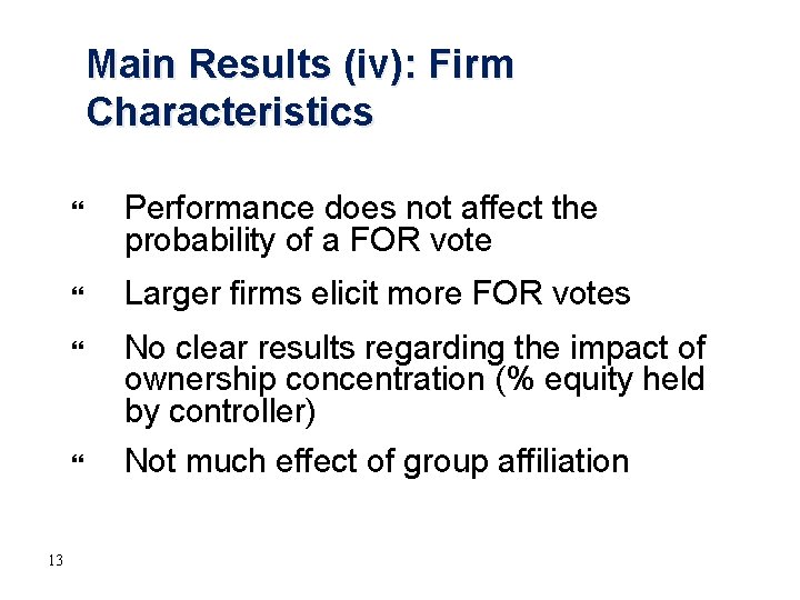 Main Results (iv): Firm Characteristics Performance does not affect the probability of a FOR