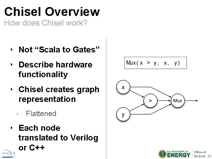 Chisel Overview How does Chisel work? ‣ Not “Scala to Gates” ‣ Describe hardware