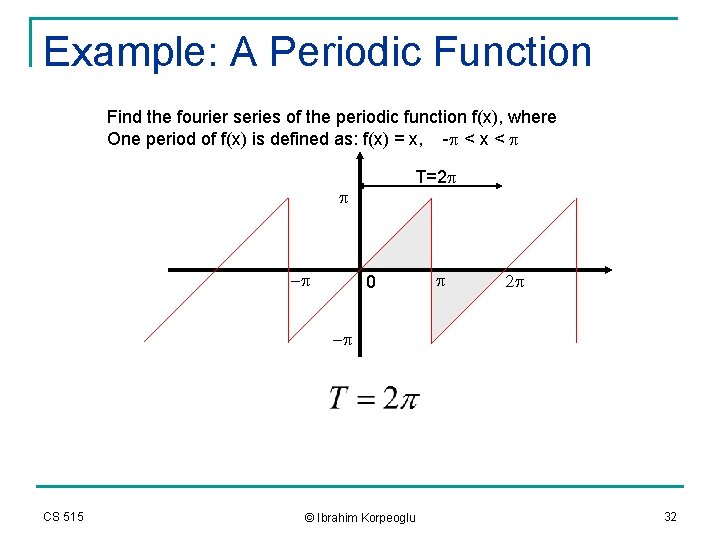 Example: A Periodic Function Find the fourier series of the periodic function f(x), where
