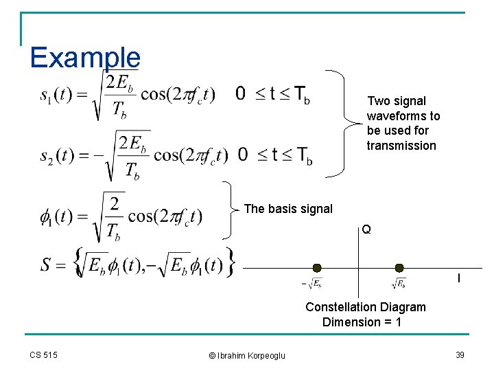 Example Two signal waveforms to be used for transmission The basis signal Q I