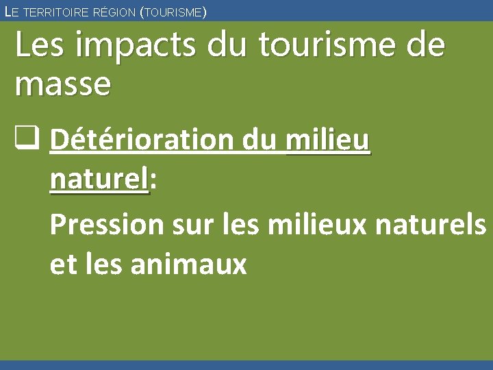 LE TERRITOIRE RÉGION (TOURISME) Les impacts du tourisme de masse q Détérioration du milieu