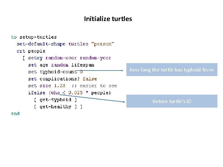 Initialize turtles how long the turtle has typhoid fever Return turtle’s ID 