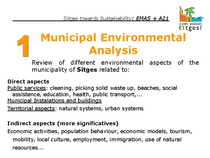 Sitges towards Sustainability: EMAS + A 21 Municipal Environmental Analysis Review of different environmental