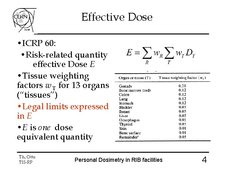 Effective Dose • ICRP 60: • Risk-related quantity effective Dose E • Tissue weighting