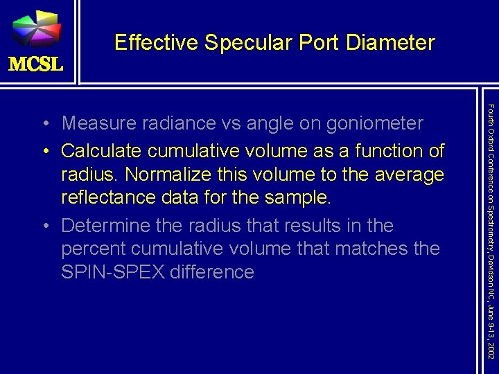Effective Specular Port Diameter Fourth Oxford Conference on Spectrometry, Davidson NC, June 9 -13,