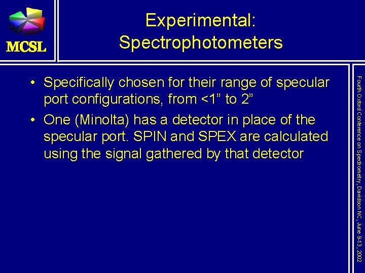 Experimental: Spectrophotometers Fourth Oxford Conference on Spectrometry, Davidson NC, June 9 -13, 2002 •