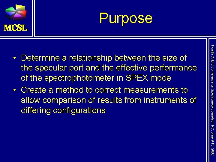 Purpose Fourth Oxford Conference on Spectrometry, Davidson NC, June 9 -13, 2002 • Determine