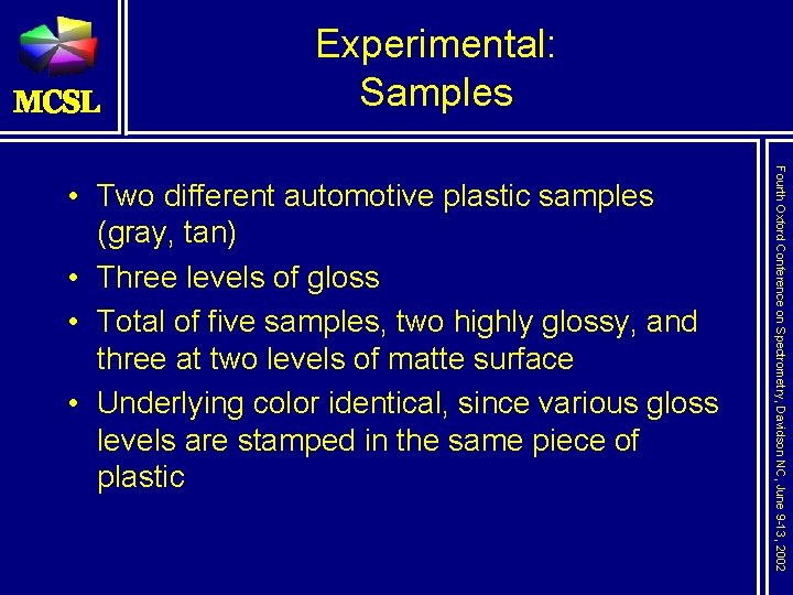 Experimental: Samples Fourth Oxford Conference on Spectrometry, Davidson NC, June 9 -13, 2002 •