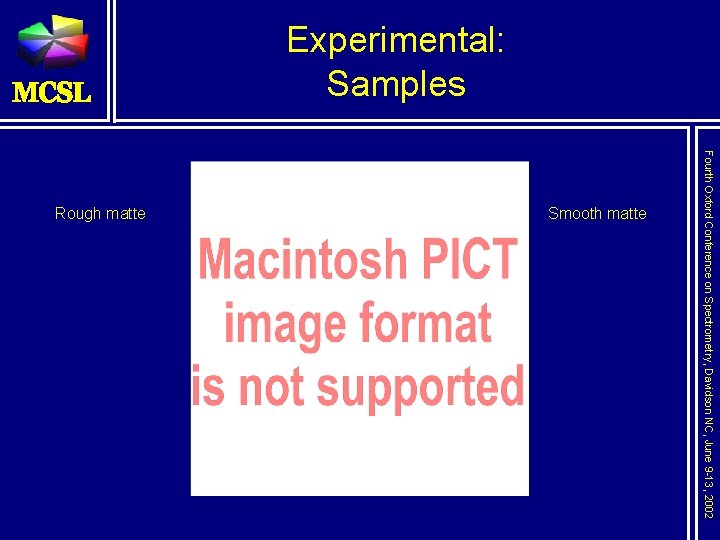 Experimental: Samples Fourth Oxford Conference on Spectrometry, Davidson NC, June 9 -13, 2002 Smooth