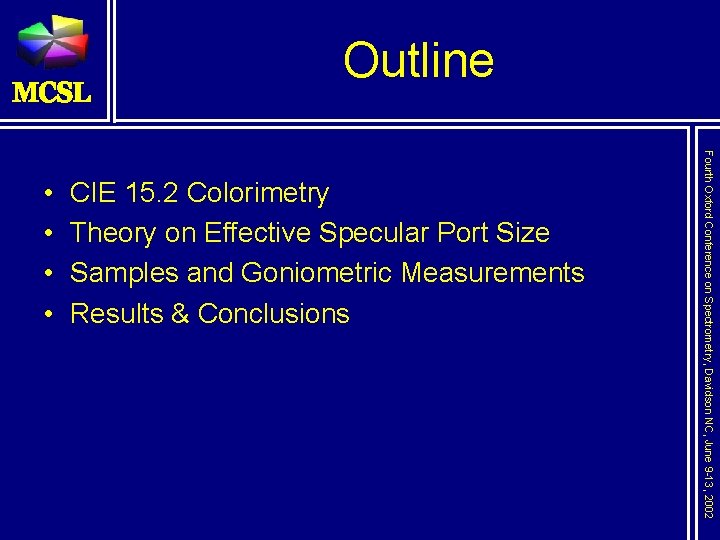 Outline CIE 15. 2 Colorimetry Theory on Effective Specular Port Size Samples and Goniometric