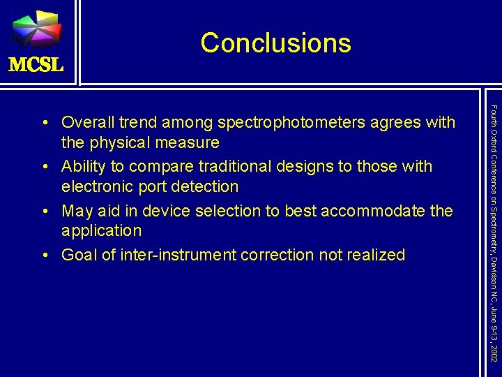Conclusions Fourth Oxford Conference on Spectrometry, Davidson NC, June 9 -13, 2002 • Overall