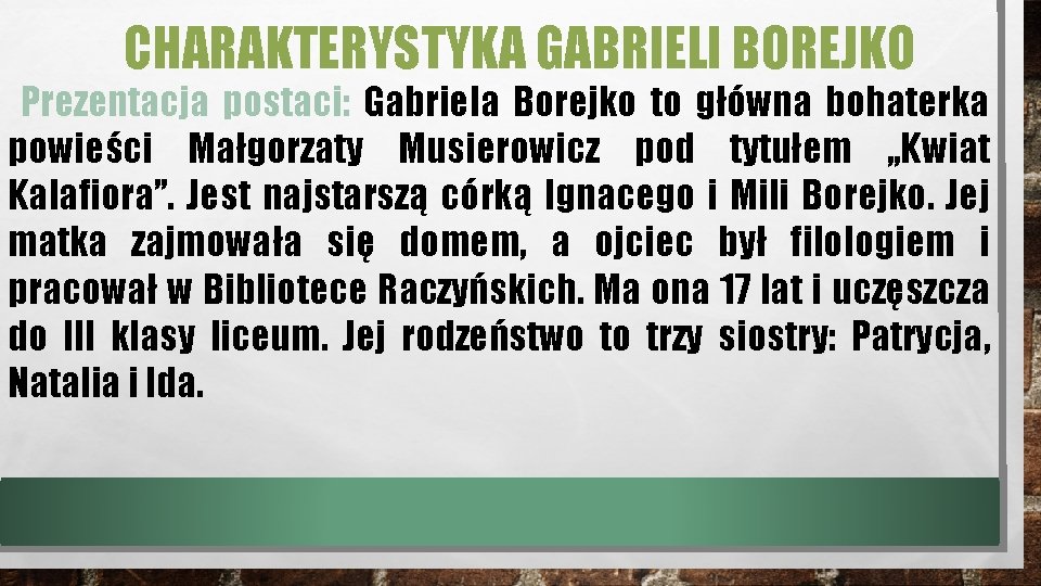 CHARAKTERYSTYKA GABRIELI BOREJKO Prezentacja postaci: Gabriela Borejko to główna bohaterka powieści Małgorzaty Musierowicz pod