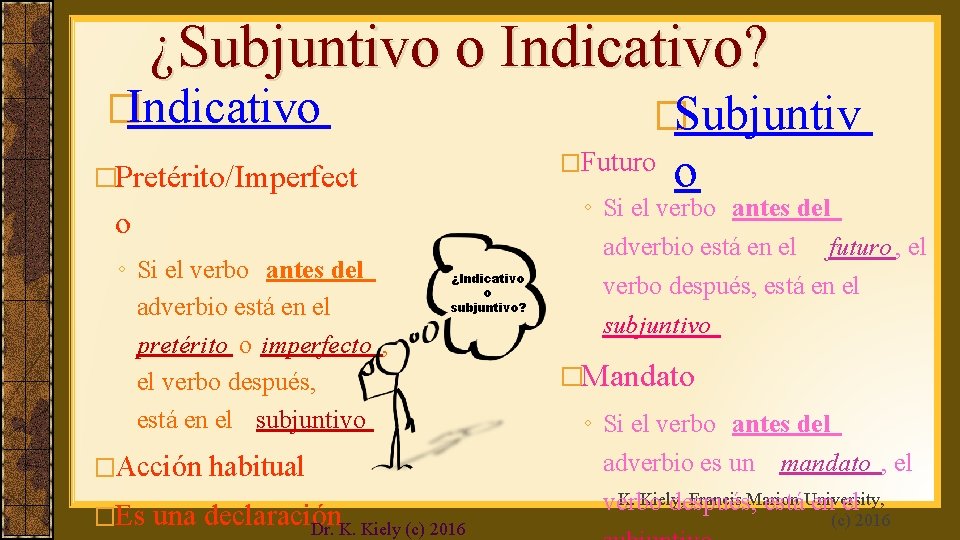 ¿Subjuntivo o Indicativo? �Indicativo �Subjuntiv �Futuro �Pretérito/Imperfect o ◦ Si el verbo antes del