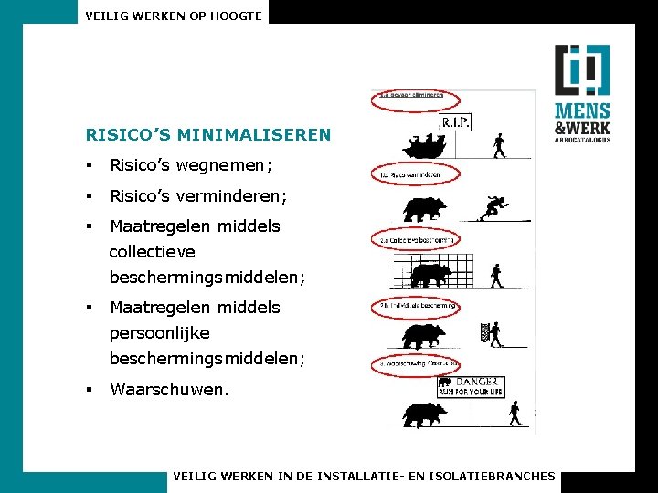 VEILIG WERKEN OP HOOGTE RISICO’S MINIMALISEREN § Risico’s wegnemen; § Risico’s verminderen; § Maatregelen