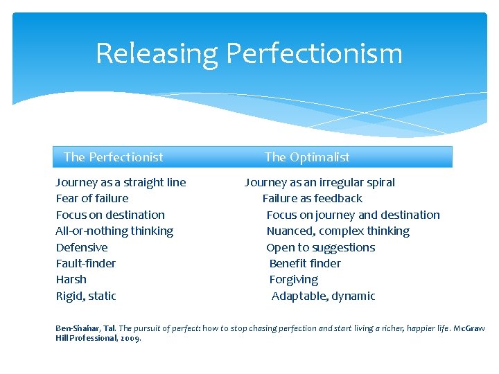 Releasing Perfectionism The Perfectionist The Optimalist Journey as a straight line Journey as an