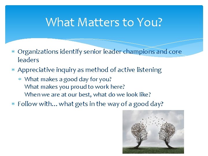What Matters to You? * Organizations identify senior leader champions and core leaders *