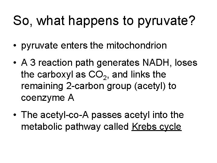 So, what happens to pyruvate? • pyruvate enters the mitochondrion • A 3 reaction