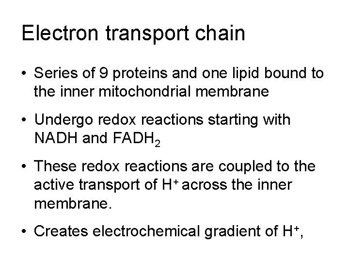 Electron transport chain • Series of 9 proteins and one lipid bound to the