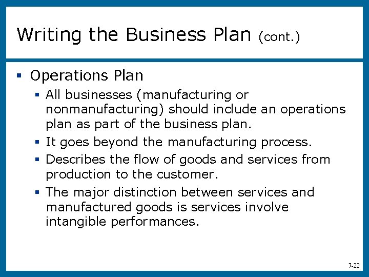 Writing the Business Plan (cont. ) § Operations Plan § All businesses (manufacturing or