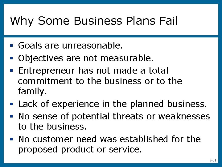 Why Some Business Plans Fail § Goals are unreasonable. § Objectives are not measurable.